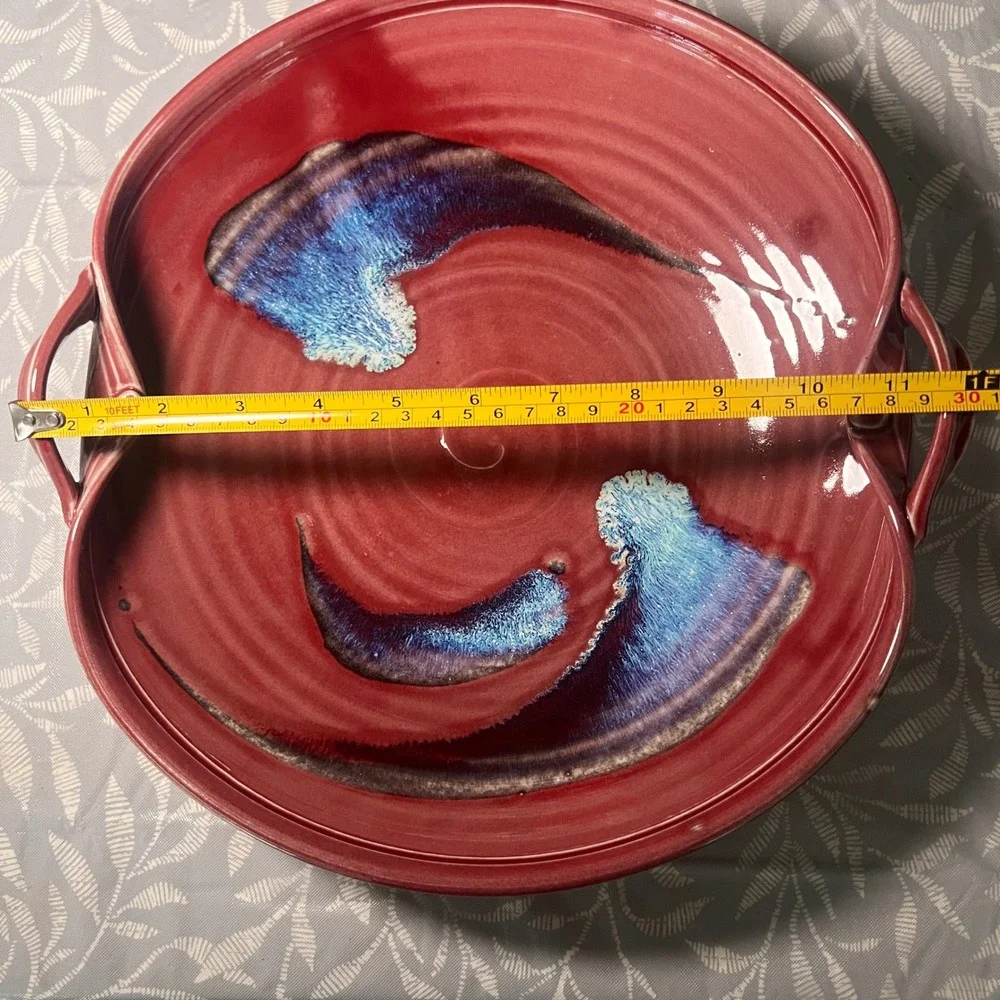 Handmade‎ Studio Pottery Red Glazed Serving Platter with Handles Blue Drip 12